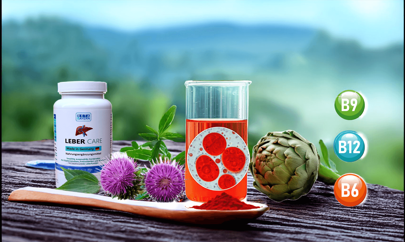 Leber Care bottle with Milk Thistle flowers, artichoke, and B-vitamins, showcasing a Milk Thistle and Artichoke supplement