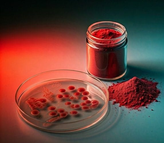 Laboratory setting showing a jar of red Astaxanthin powder and a petri dish