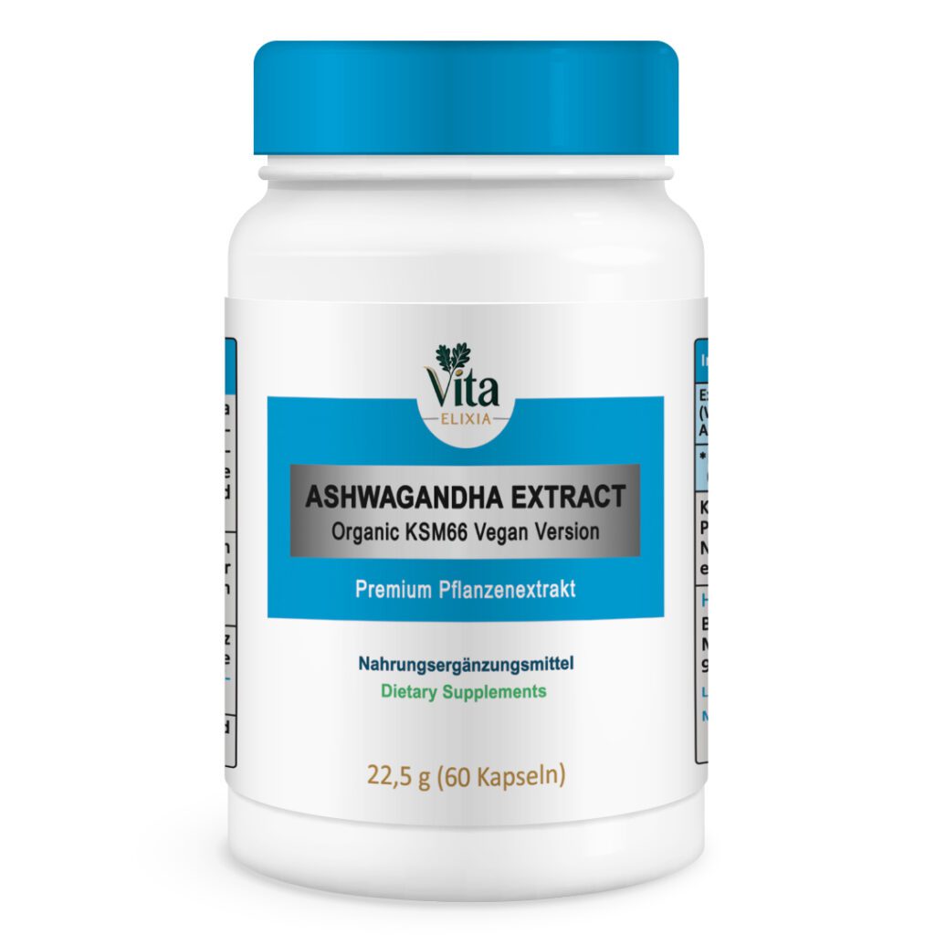 Vita Elixia Ashwagandha Extract Organic KSM66 vegan dietary supplement bottle with blue cap and label, 60 capsules.