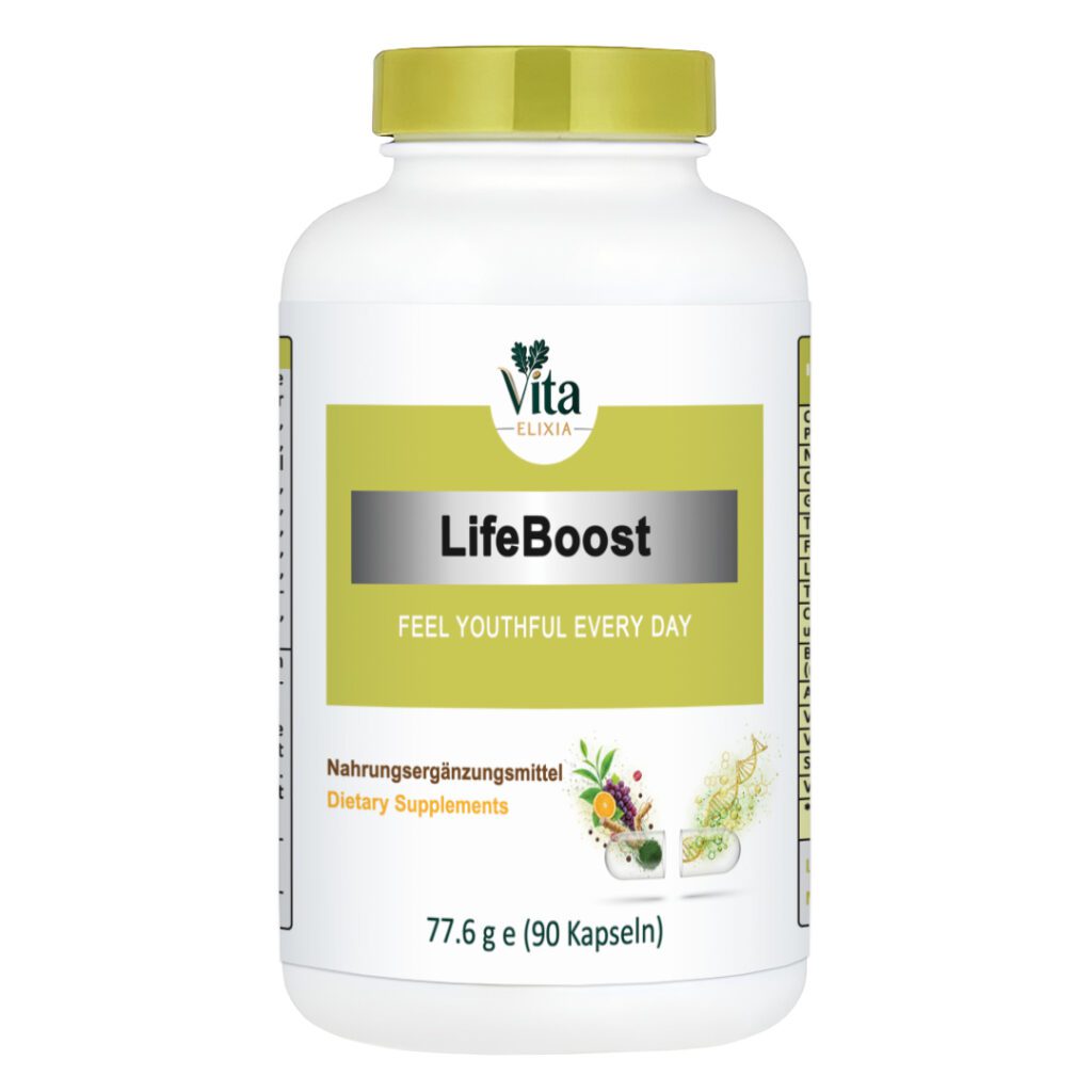 Vita Elixia LifeBoost dietary supplement bottle with green cap and label, 90 capsules.