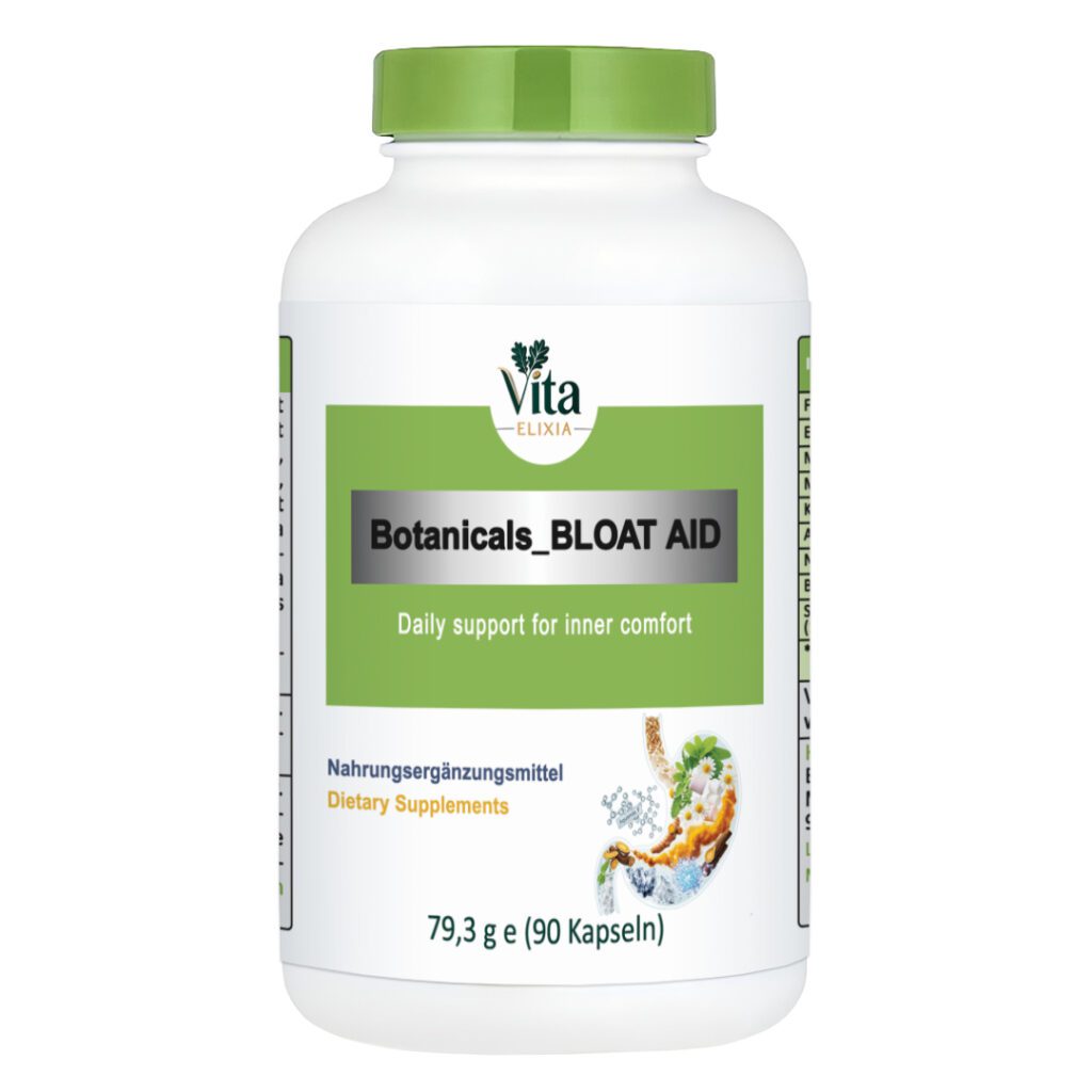 Vita Elixia Botanicals_Bloat Aid dietary supplement bottle with light green cap and label, 90 capsules.