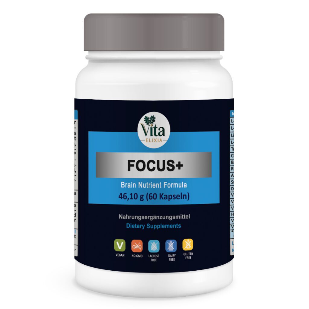 Vita Elixia Focus+ brain nutrient formula bottle with gray cap, dark navy label, and 60 capsules.