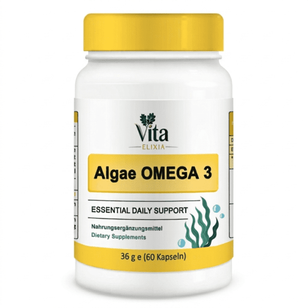 Vita Elixia Algae Omega 3 dietary supplement bottle with bright yellow cap and label, 60 capsules.