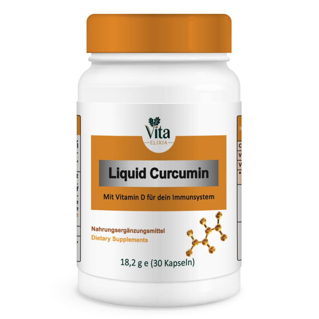 Vita Elixia Liquid Curcumin dietary supplement bottle with orange cap and label, 30 capsules.