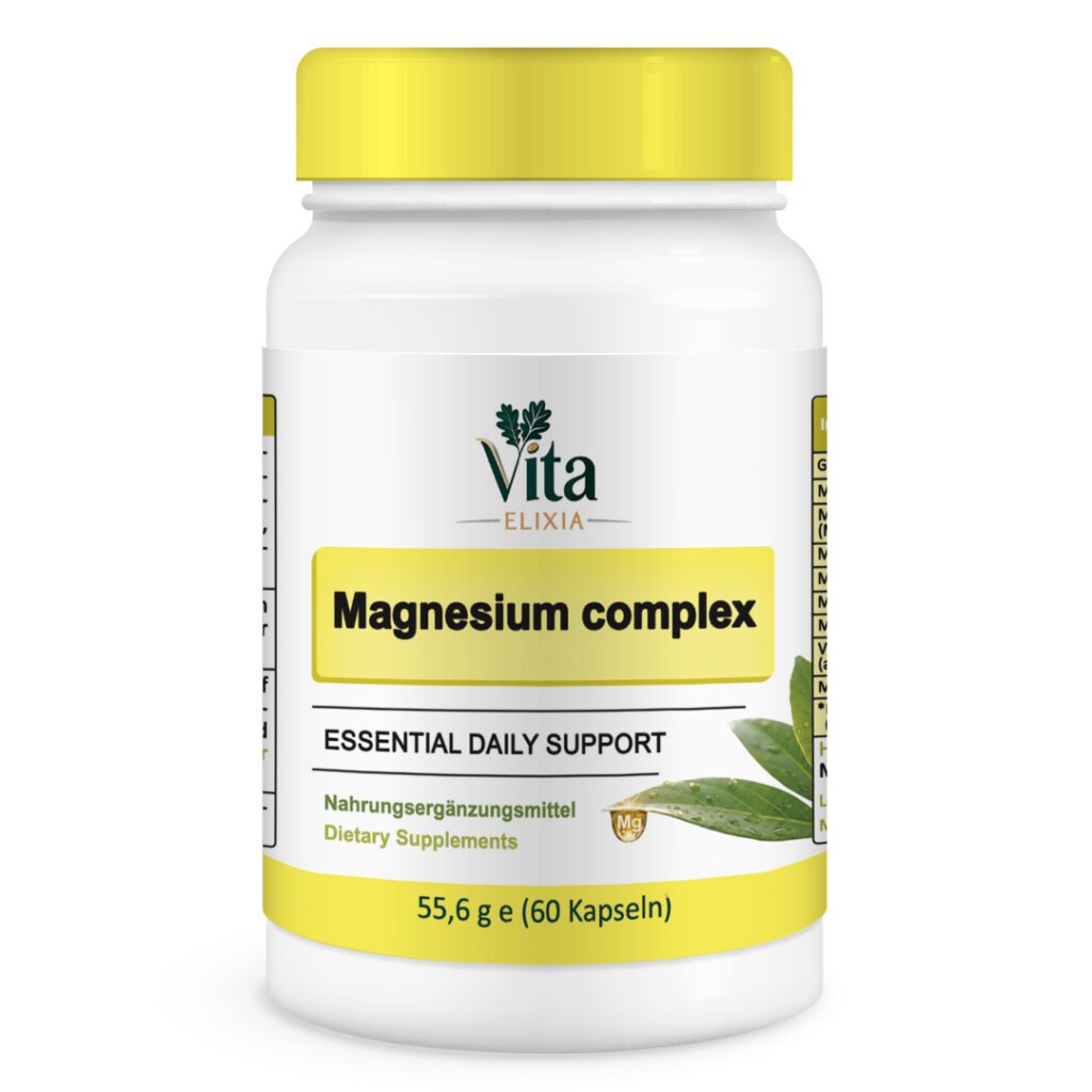 Vita Elixia Magnesium Complex dietary supplement bottle with yellow cap and label, 60 capsules.