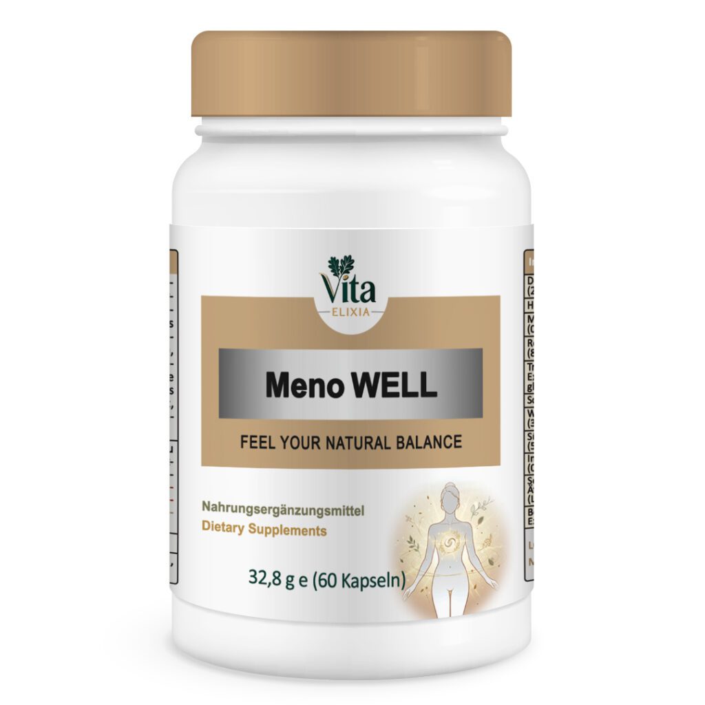 Vita Elixia Meno Well dietary supplement bottle with beige cap and label, 60 capsules.