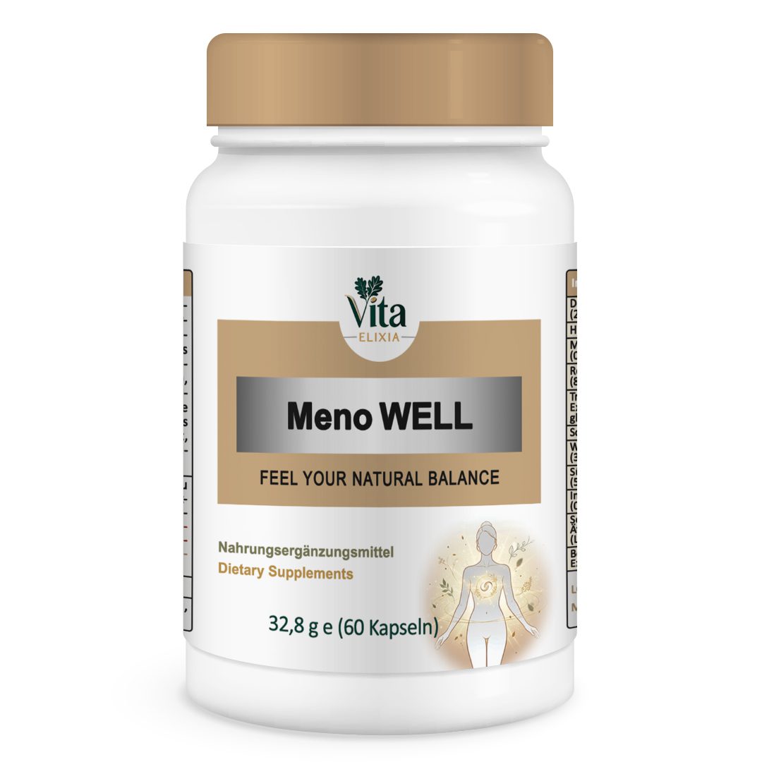 Meno-WELL_mockup(2) Vita Elixia Meno Well dietary supplement bottle with beige cap and label, 60 capsules.