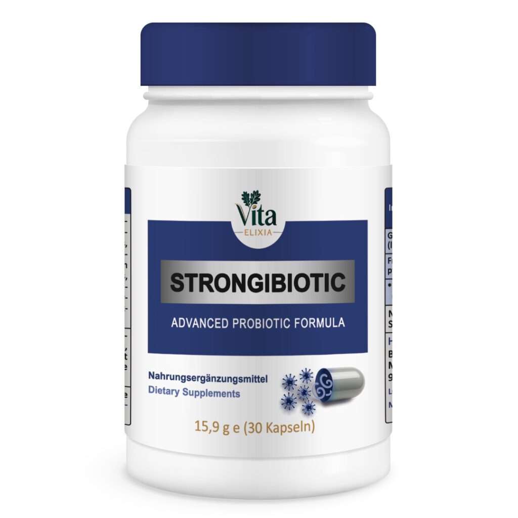 Vita Elixia Strongibiotic advanced probiotic formula bottle with dark blue cap and label, 30 capsules.