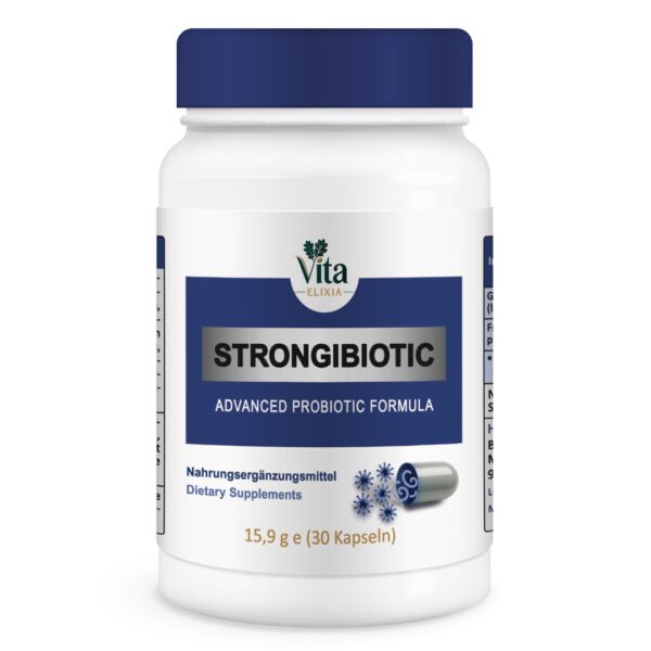 Vita Elixia Strongibiotic advanced probiotic formula bottle with dark blue cap and label, 30 capsules.