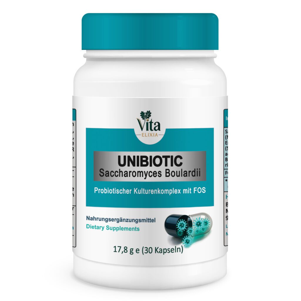 Vita Elixia Unibiotic Saccharomyces Boulardii probiotic dietary supplement bottle with turquoise cap and label, 30 capsules.