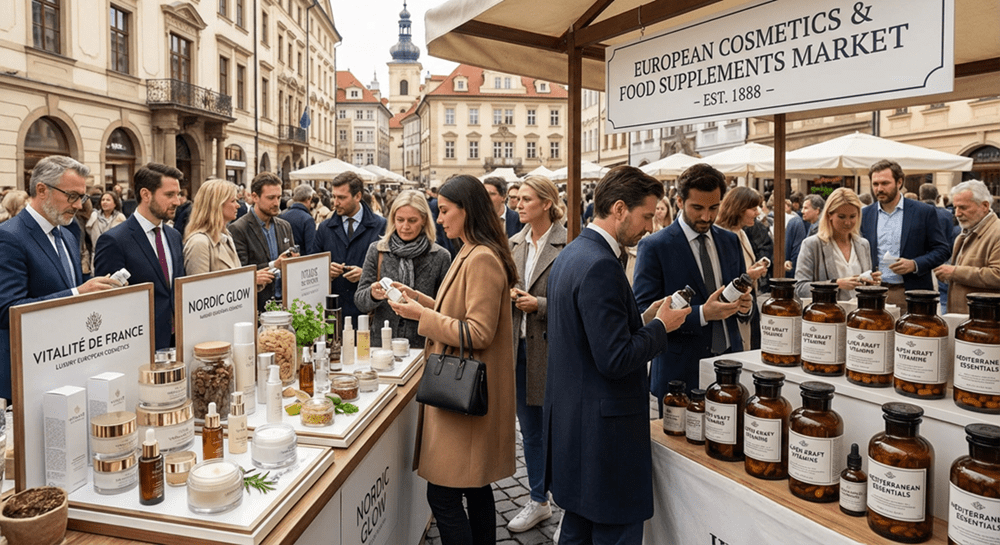 A crowd of people explores outdoor market stalls offering European cosmetics and food supplements in a historic square.