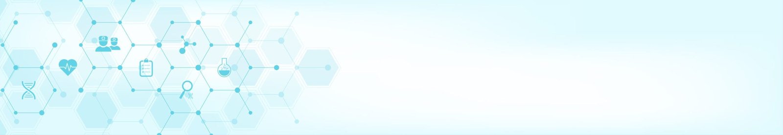 Blue medical background banner with hexagonal patterns and icons for heart health, DNA, research, and science.