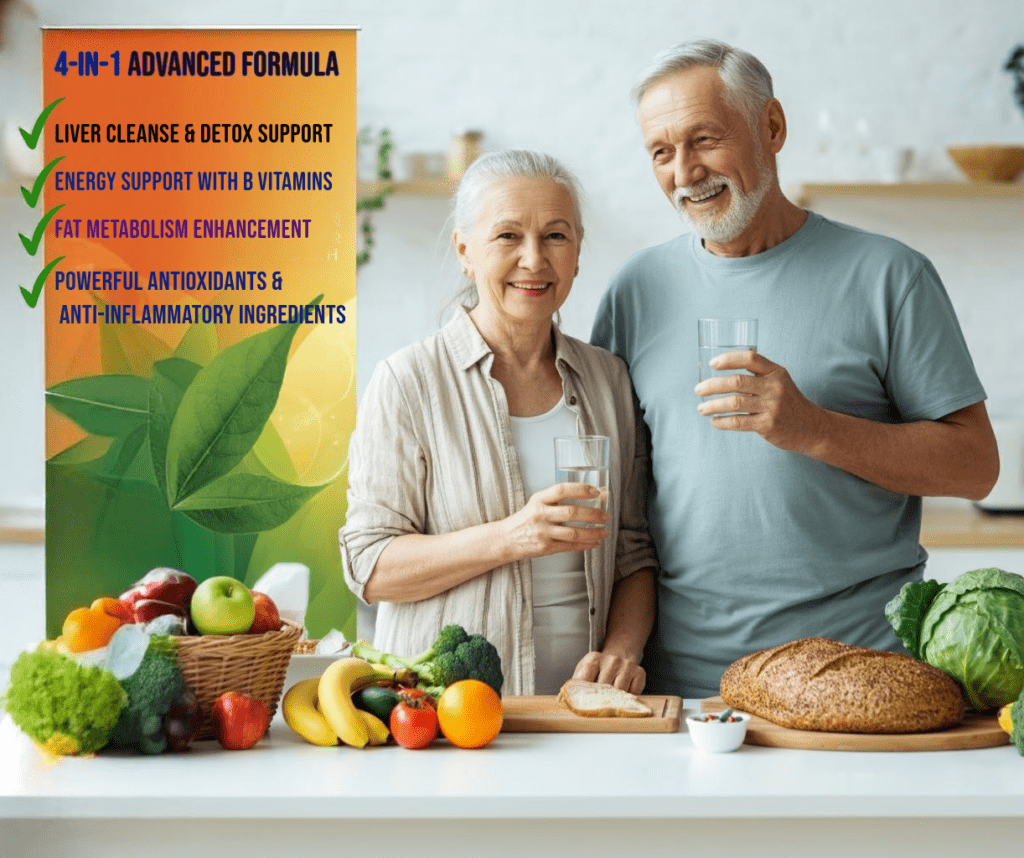 Healthy senior couple in a kitchen featuring a 4-in-1 formula for liver detox support and energy.