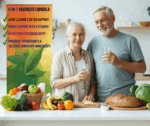 Healthy senior couple in a kitchen featuring a 4-in-1 formula for liver detox support and energy.