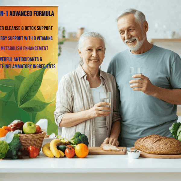 Healthy senior couple in a kitchen featuring a 4-in-1 formula for liver detox support and energy.