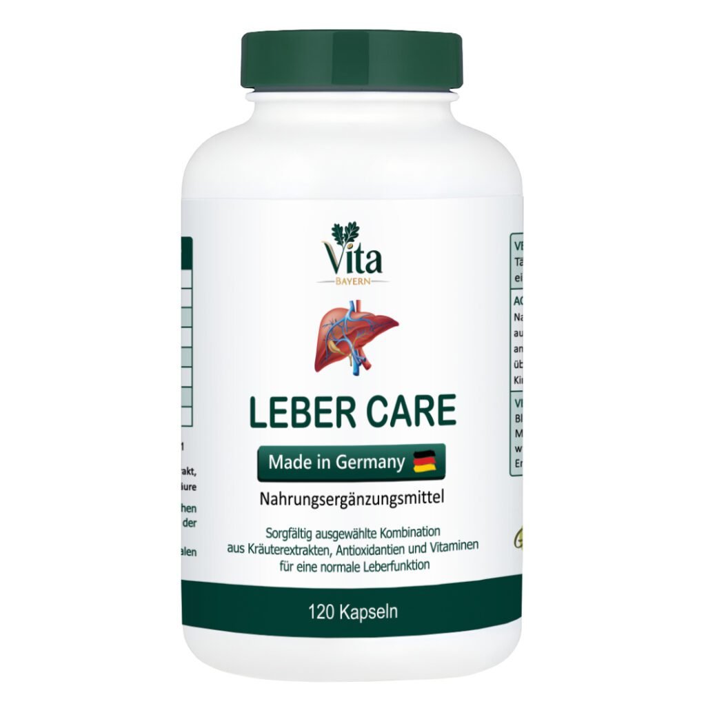 A 120-capsule bottle of Vita Elixia Leber Care, made in Germany with a carefully selected combination of herbal extracts, antioxidants, and vitamins to support normal liver function