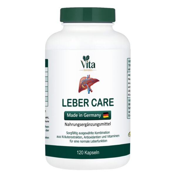 A 120-capsule bottle of Vita Elixia Leber Care, made in Germany with a carefully selected combination of herbal extracts, antioxidants, and vitamins to support normal liver function