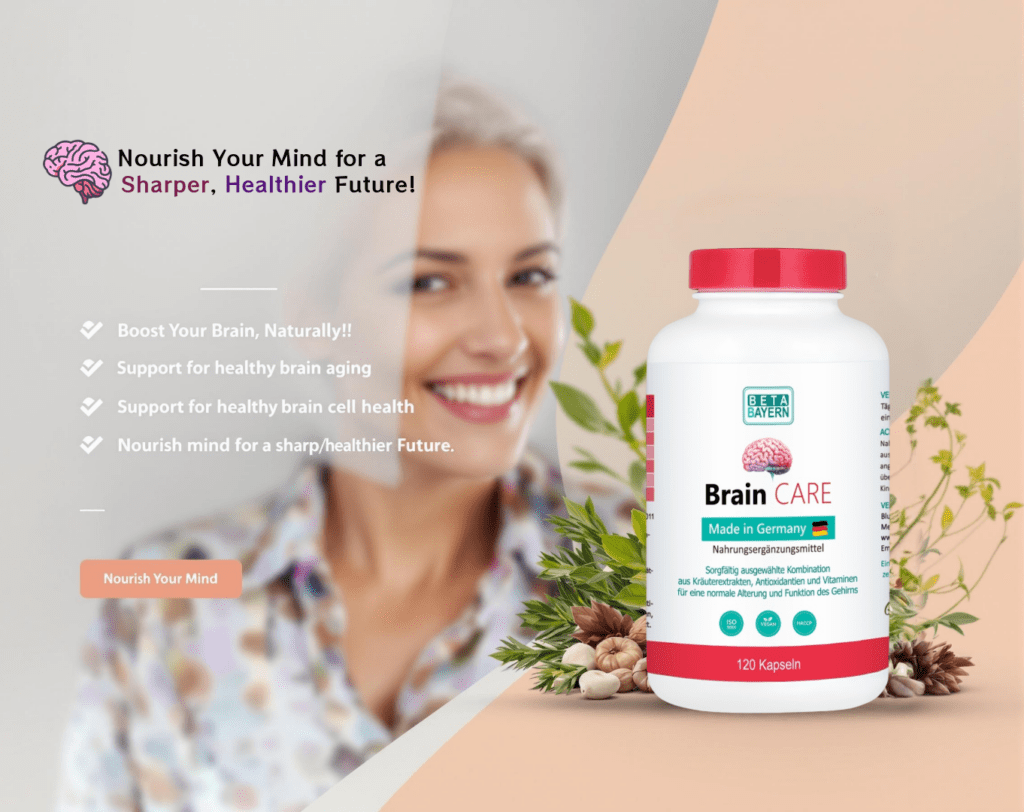 Promotional graphic for "Brain Care" by Beta Bayern, featuring a 120-capsule bottle with ISO 9001, Vegan, and HACCP certifications, promoting natural cognitive support and healthy brain aging
