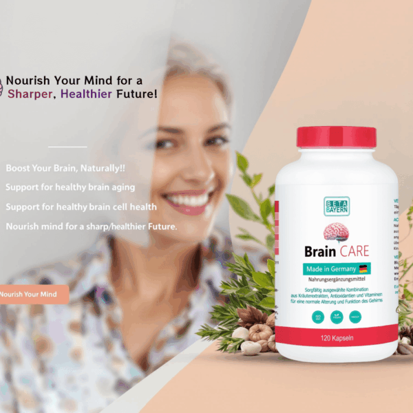 Promotional graphic for "Brain Care" by Beta Bayern, featuring a 120-capsule bottle with ISO 9001, Vegan, and HACCP certifications, promoting natural cognitive support and healthy brain aging