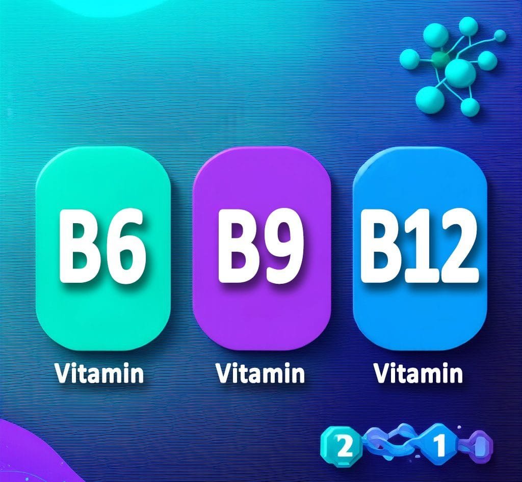 Vibrant infographic displaying Vitamin B6, B9, and B12 icons emphasize the metabolic and energy support formula.