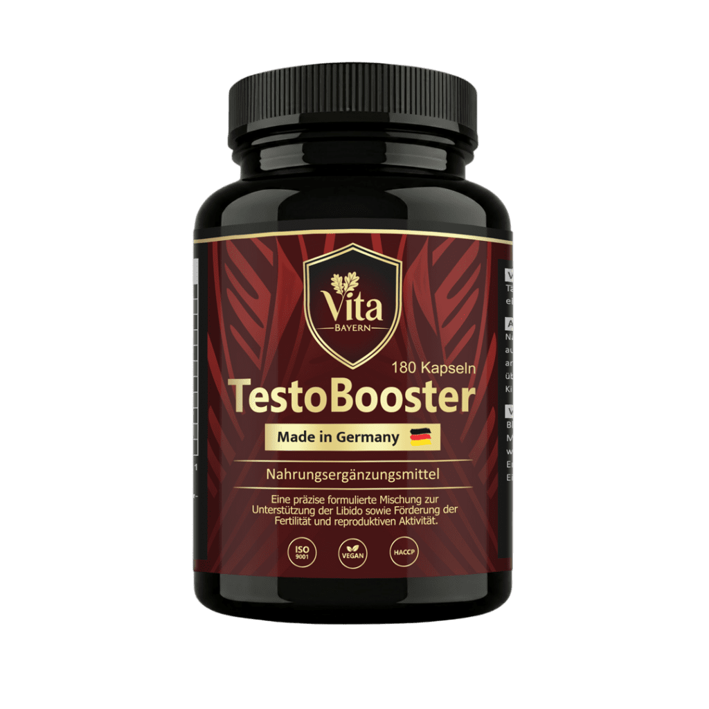 A 180-capsule bottle of Vita Elixia TestoBooster, a dietary supplement made in Germany designed to support libido, fertility, and reproductive activity