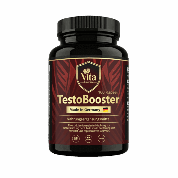 A 180-capsule bottle of Vita Elixia TestoBooster, a dietary supplement made in Germany designed to support libido, fertility, and reproductive activity
