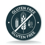 A dark circular Gluten Free seal featuring a crossed-out wheat stalk icon