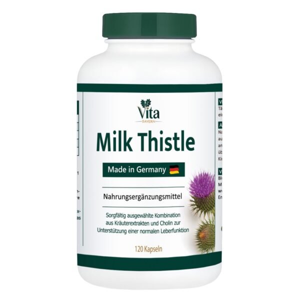 A 120-capsule bottle of Vita Elixia Milk Thistle supplement, made in Germany with herbal extracts and choline to support normal liver function