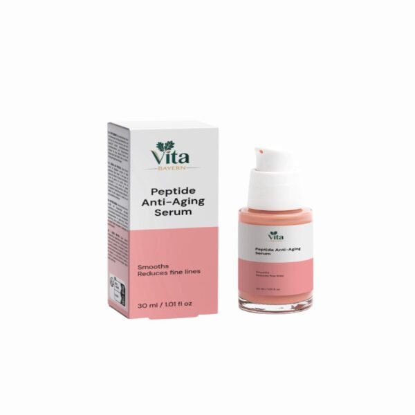 Vita Elixia Peptide Anti-Aging Serum in a 30ml pump bottle next to its pink and white packaging, designed for smoothing fine lines.