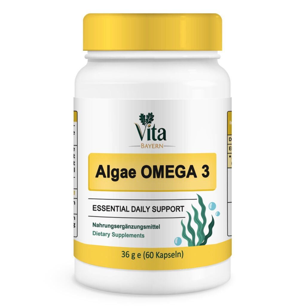 A white supplement bottle of Vita Elixia Algae OMEGA 3 "Essential Daily Support" capsules, featuring a green algae illustration and indicating it contains 60 capsules.