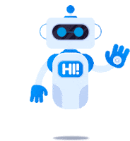 A friendly blue and white robot waving with a "HI!" message on its chest