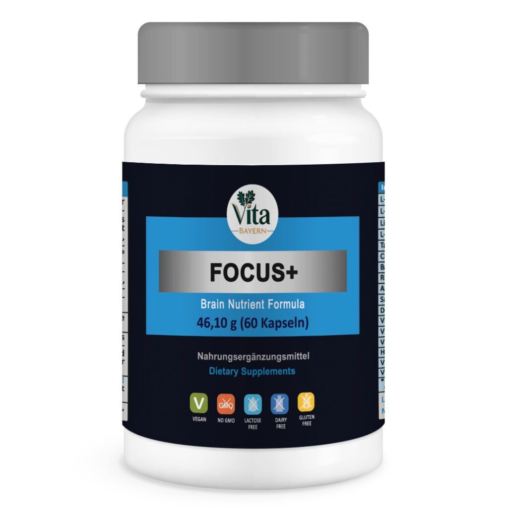 A 60-capsule bottle of Vita Elixia FOCUS+ "Brain Nutrient Formula," featuring a grey cap and clear dietary certifications including Vegan and Gluten-free