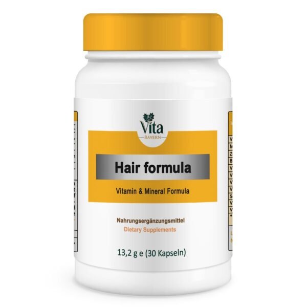 A white 30-capsule bottle of "Hair Formula," a vitamin and mineral blend for hair health featuring an orange cap and the Vita Elixia logo
