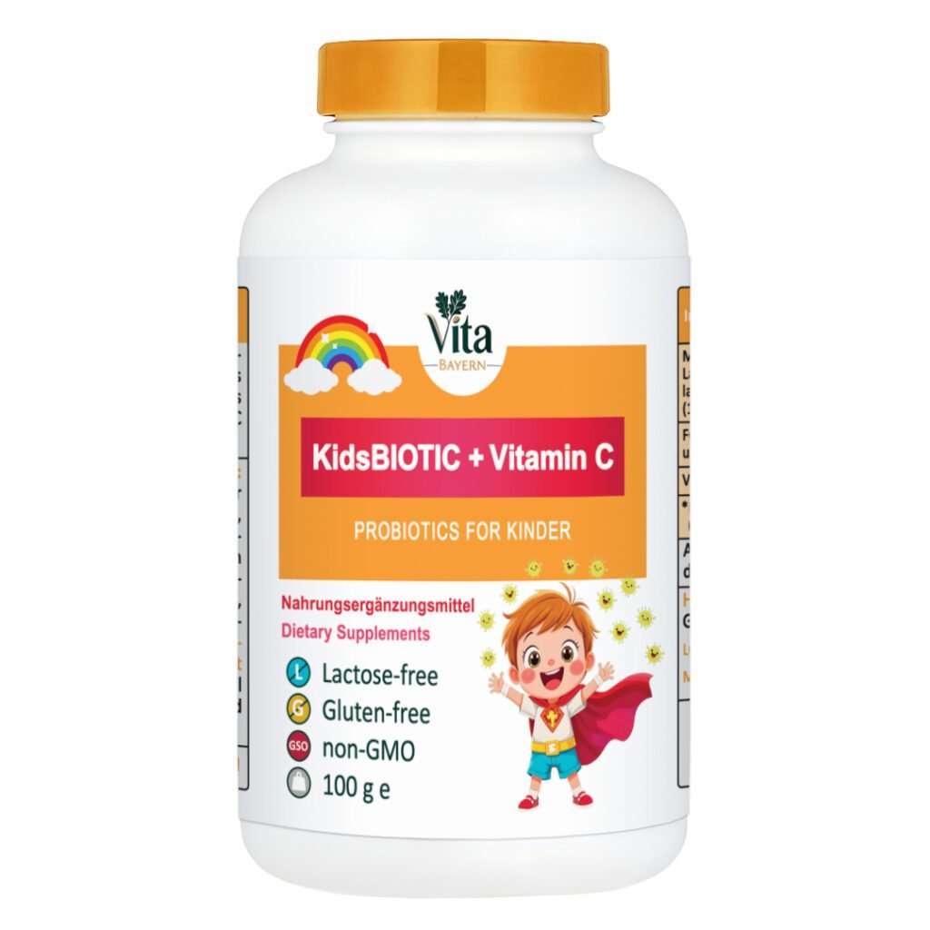 A supplement bottle of KidsBIOTIC + Vitamin C probiotics for children, featuring a superhero cartoon character, a rainbow icon, and certifications for lactose-free, gluten-free, and non-GMO quality