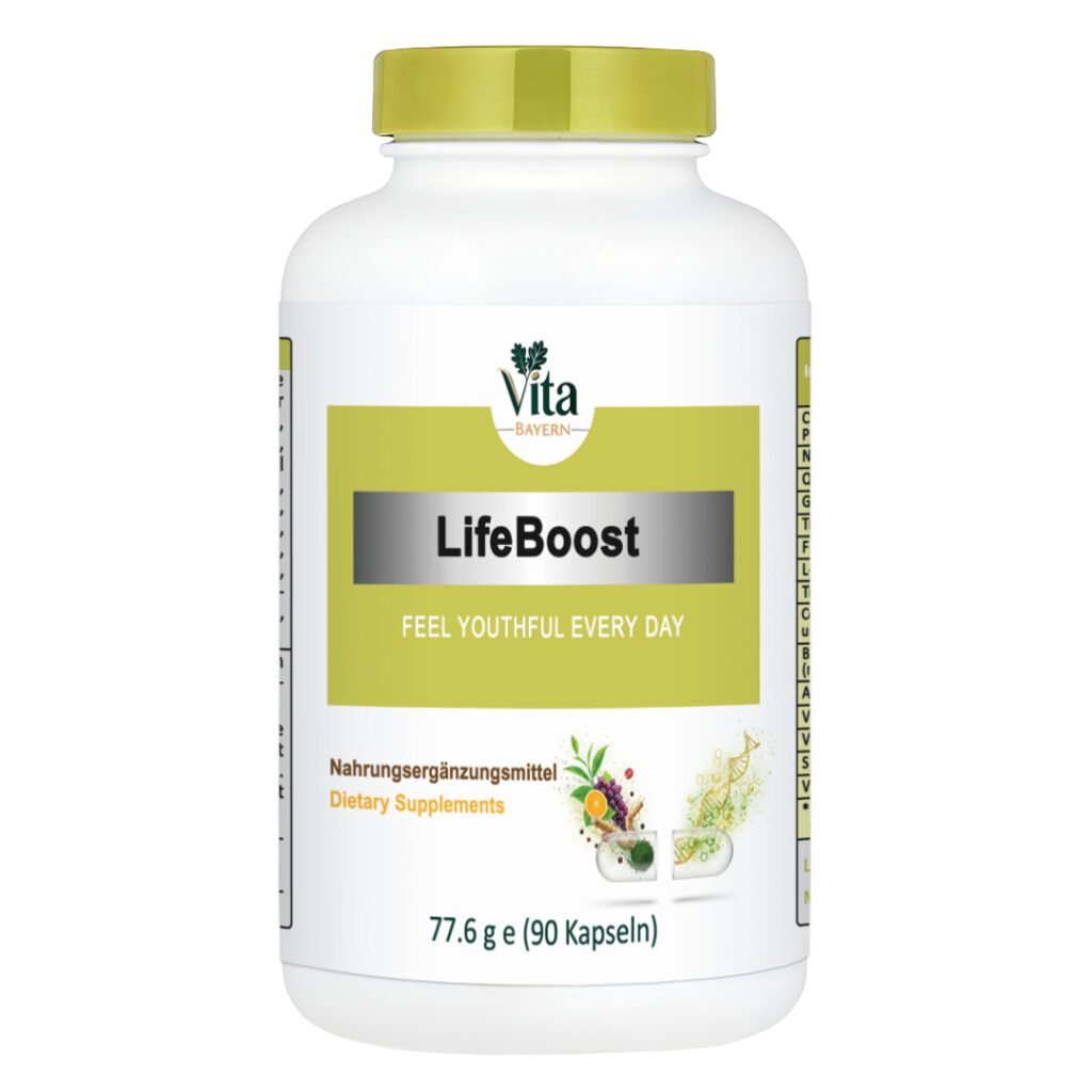 A white 90-capsule bottle of Vita Elixia LifeBoost, subtitled "Feel Youthful Every Day," featuring a graphic of a split capsule releasing herbal and molecular nutrients