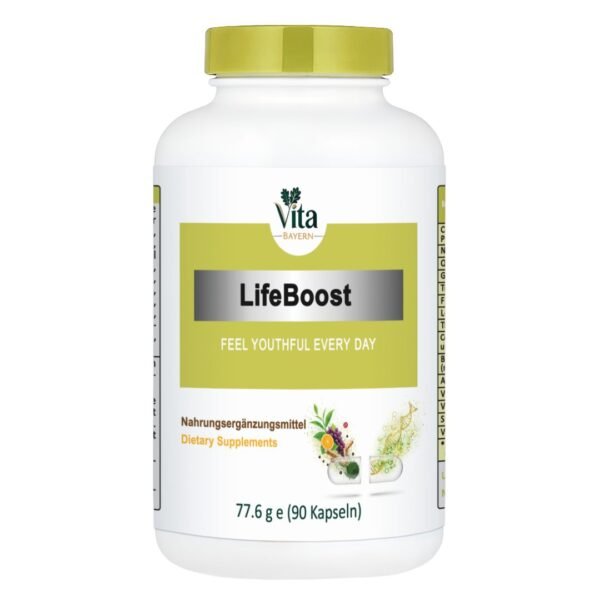 A white 90-capsule bottle of Vita Elixia LifeBoost, subtitled "Feel Youthful Every Day," featuring a graphic of a split capsule releasing herbal and molecular nutrients