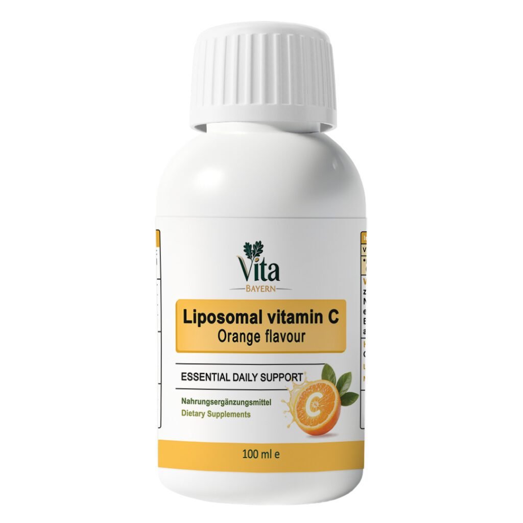 A 100 ml bottle of Vita Elixia Liposomal Vitamin C in "Orange flavour," labeled as "Essential Daily Support" and featuring a fresh orange slice graphic