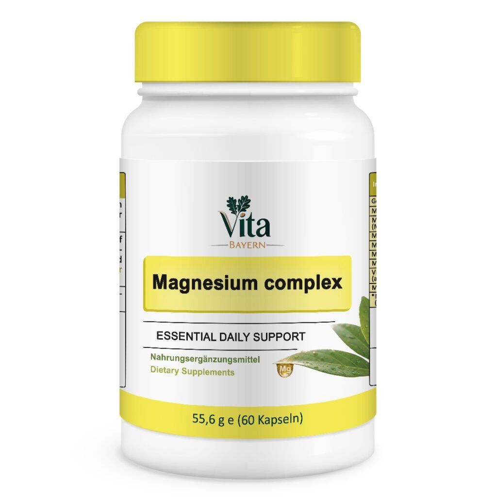 A white 60-capsule bottle for essential daily support featuring a green leaf and a golden magnesium droplet icon