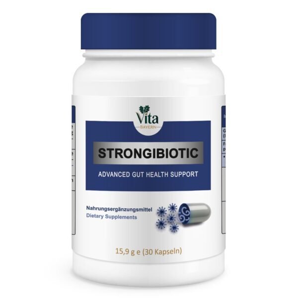 A 30-capsule bottle of "STRONGBIOTIC Advanced Probiotic Formula" featuring a dark blue cap.