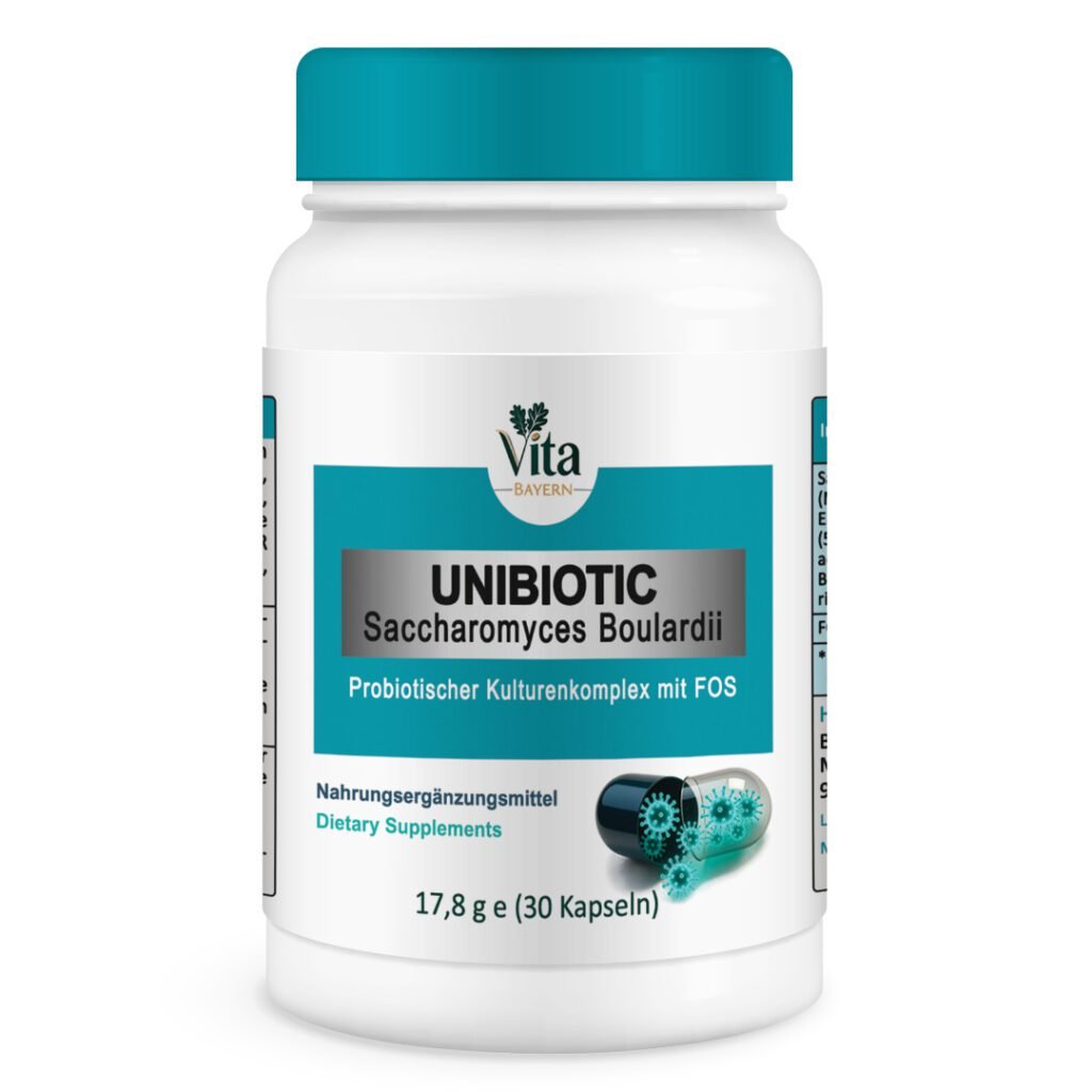 A white 30-capsule bottle of "UNIBIOTIC Saccharomyces Boulardii," described as a "Probiotic Culture Complex with FOS". The label features a teal cap and an illustration of a probiotic capsule releasing active cultures