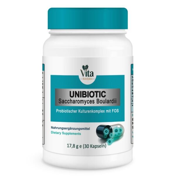 A white 30-capsule bottle of "UNIBIOTIC Saccharomyces Boulardii," described as a "Probiotic Culture Complex with FOS". The label features a teal cap and an illustration of a probiotic capsule releasing active cultures