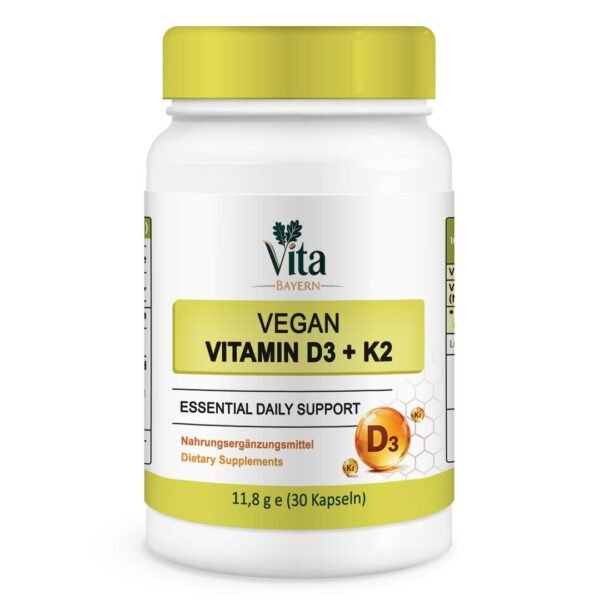 A white 30-capsule bottle of Vita Elixia Vegan Vitamin D3 + K2 "Essential Daily Support" featuring golden D3 and K2 nutrient spheres