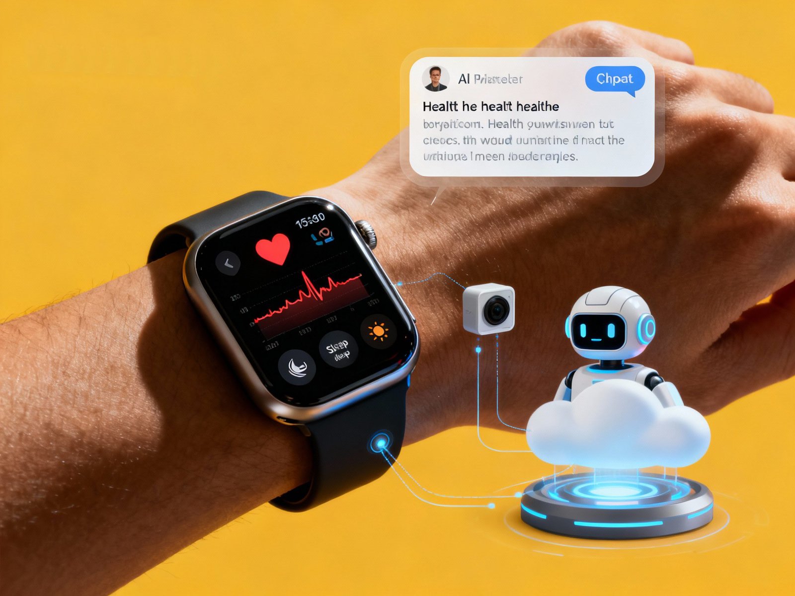 Close-up of a smartwatch displaying a heart rate monitor and an AI health assistant chat bubble for real-time wellness tracking