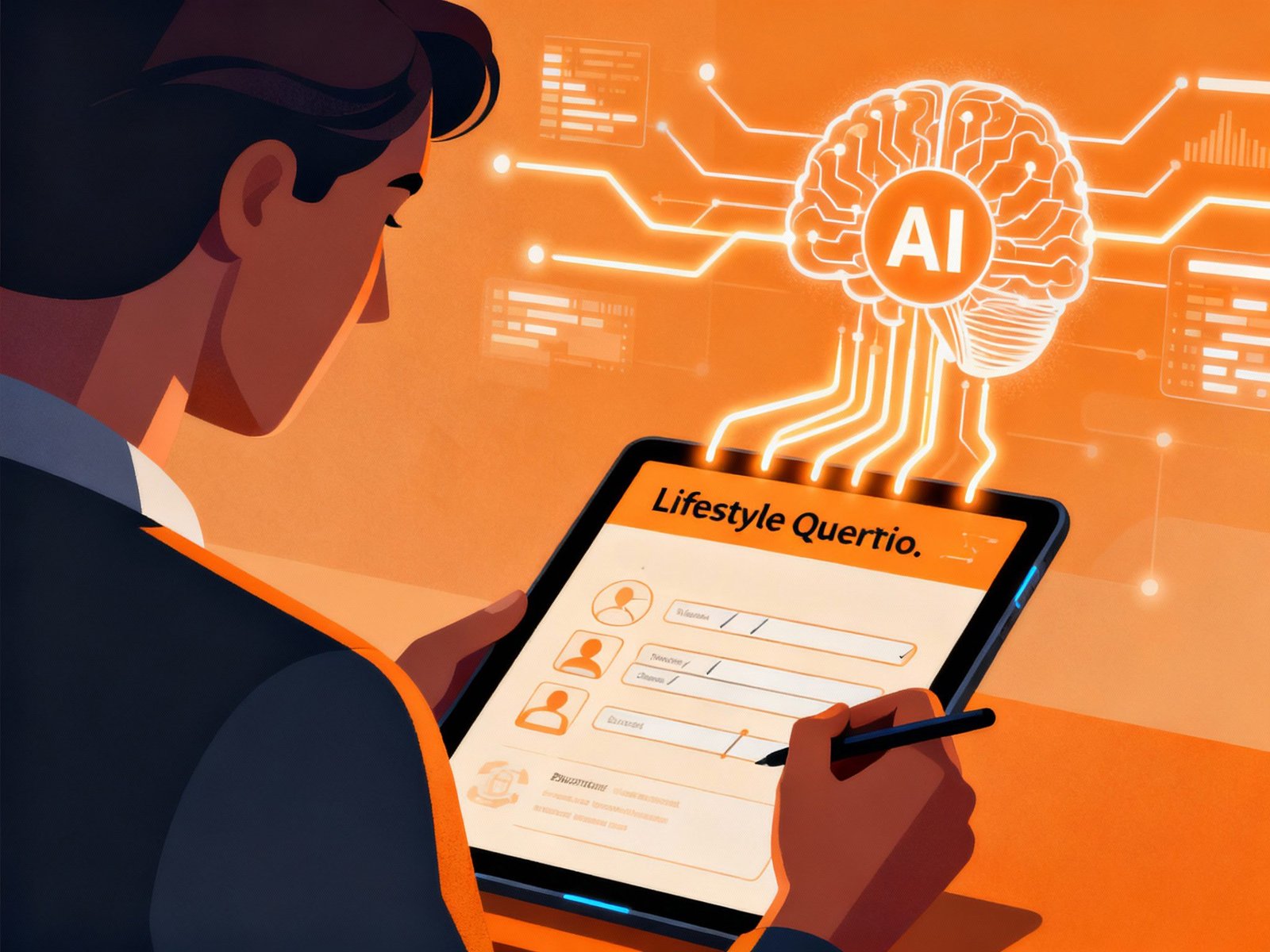 Person using a digital tablet to complete a lifestyle questionnaire connected to an illuminated AI brain graphic for personalized health data