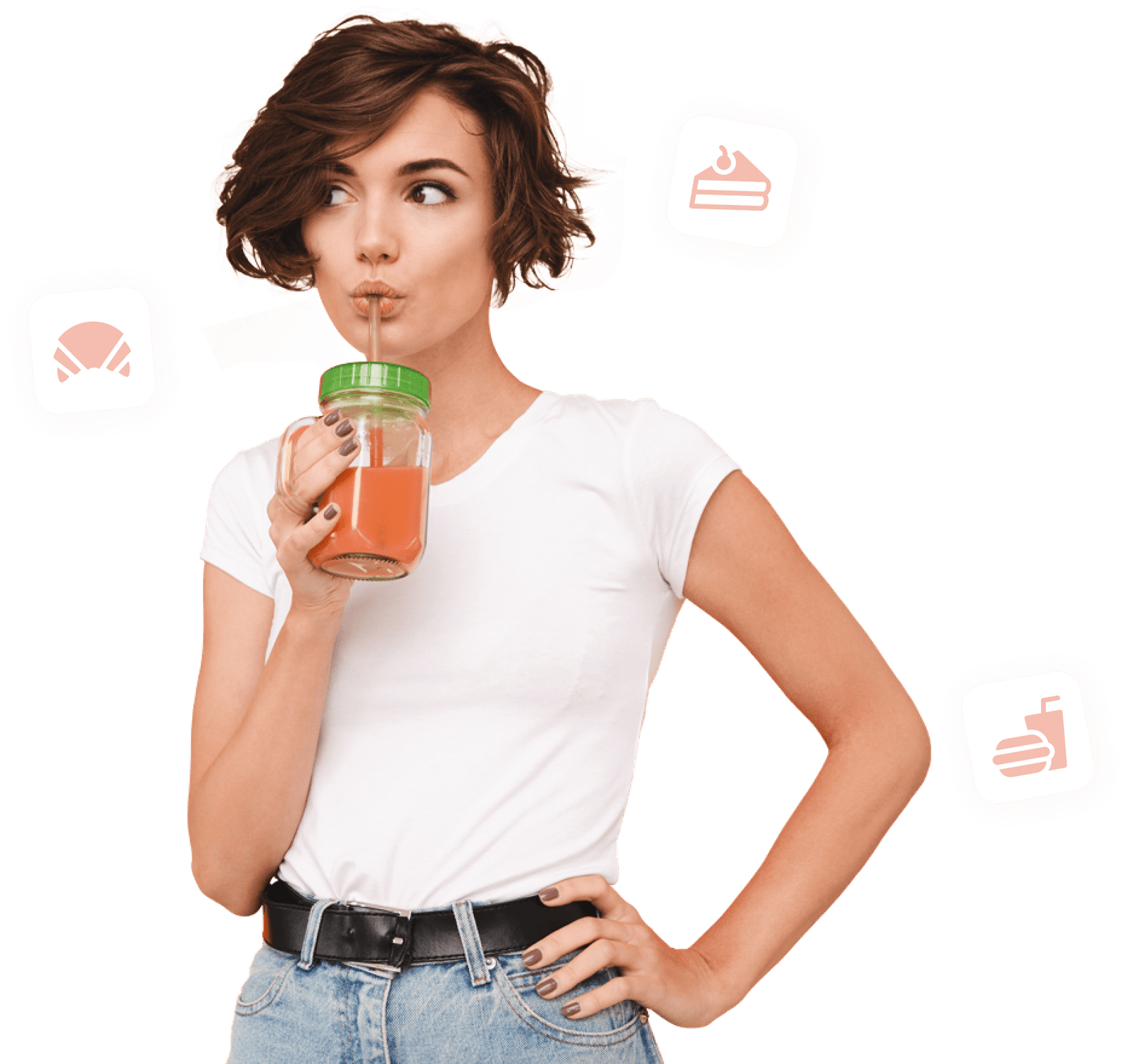 A young woman enjoying a fresh orange smoothie from a mason jar, surrounded by icons of balanced food choices like cake, bread and burger with drinks