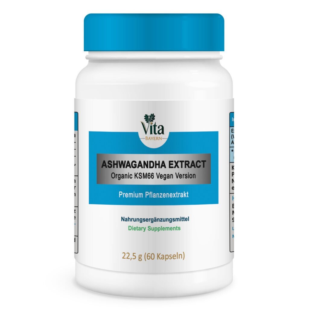 A 60-capsule bottle of "Ashwagandha Extract (Organic KSM66 Vegan Version)," a premium plant extract supplement with a bright blue cap.