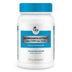 A 60-capsule bottle of "Ashwagandha Extract (Organic KSM66 Vegan Version)," a premium plant extract supplement with a bright blue cap.