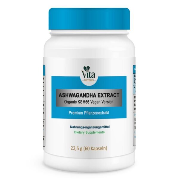 A 60-capsule bottle of "Ashwagandha Extract (Organic KSM66 Vegan Version)," a premium plant extract supplement with a bright blue cap.
