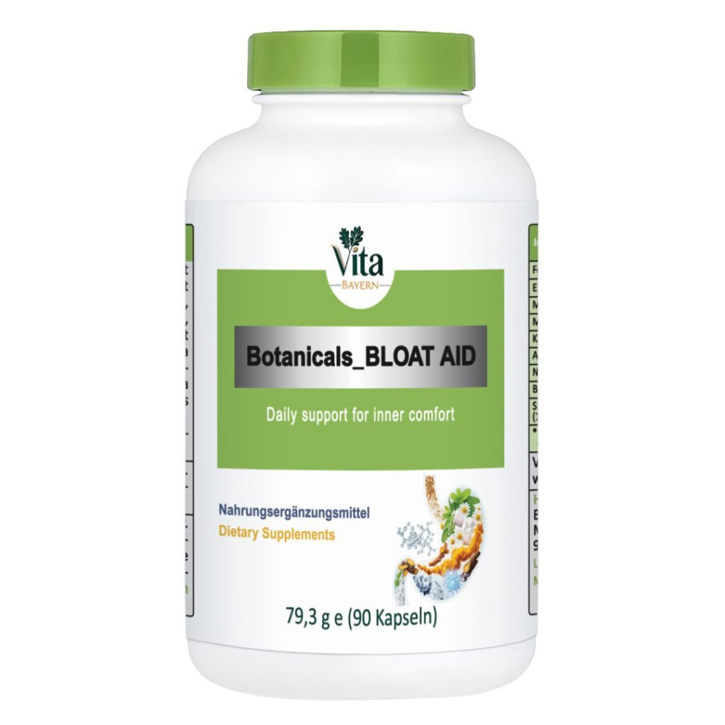 A white 90-capsule bottle of "Botanicals BLOAT AID" for inner comfort, featuring a green cap and an illustration of the digestive system with herbal ingredients.