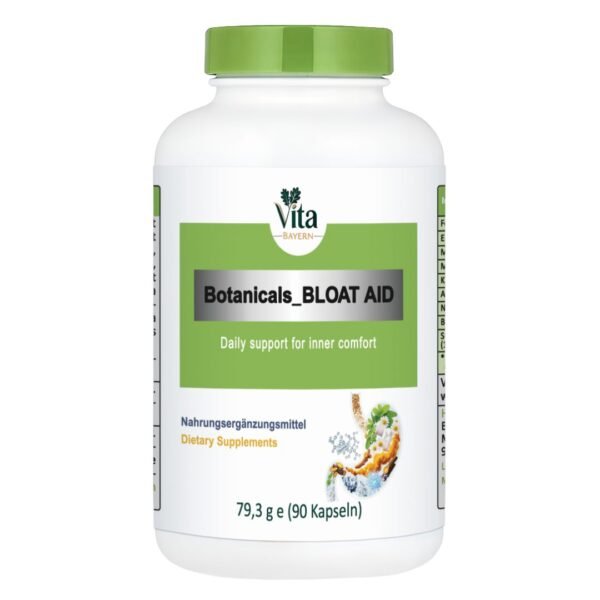 A white 90-capsule bottle of "Botanicals BLOAT AID" for inner comfort, featuring a green cap and an illustration of the digestive system with herbal ingredients.